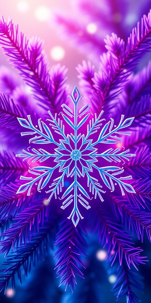 create a digital illustration of a large, intricate snowflake in the center with vibrant purple and blue pine branches surrounding it, soft glowing light emanating from the snowflake, festive background with sparkly accents, shot with a Canon EOS R5, 50mm lens, aperture f/1.8, ISO 200, in a symmetrical composition, vivid colors and high contrast