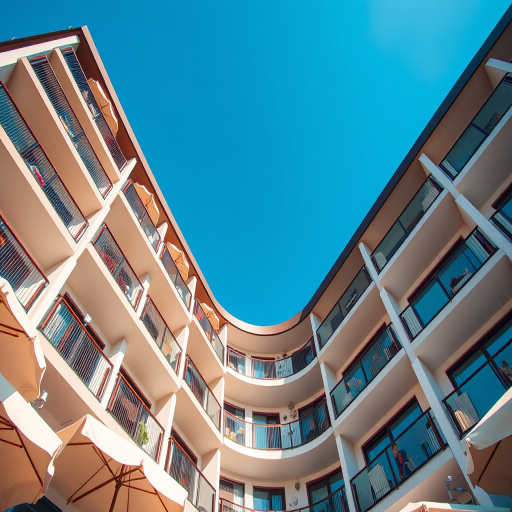 modern hotel building with balconies and umbrellas, clear blue sky, shot with a DSLR camera at f/8, ISO 200, 1/100s, using a wide-angle lens from a low angle for dynamic perspective, high resolution, vibrant colors