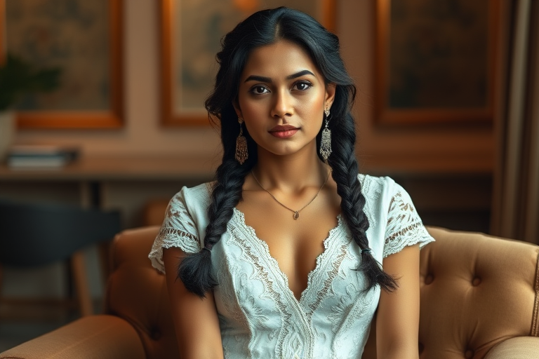 Create a portrait of a refined and elegant Nepali woman seated in a sophisticated setting. She has long, wavy hair styled in two thick braids that are pulled over her shoulders. She wears a white, lace gown with intricate patterns, featuring a deep V-neckline and short sleeves. The dress exudes a vintage charm with its delicate lacework. She is adorned with ornate, dangling earrings that add a touch of glamour to her appearance. The background is softly lit, with warm, ambient lighting that creates a cozy and inviting atmosphere. Her expression is poised and serene, capturing a sense of grace and elegance.