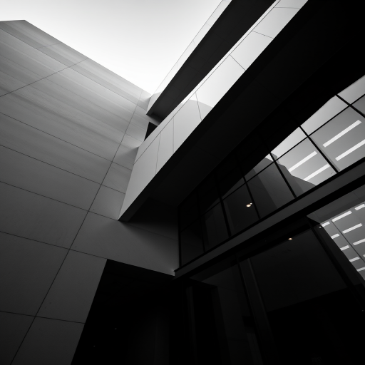 A modern architectural building with a sharp diagonal perspective, showcasing geometric shapes and glass facade, captured with a Canon EOS R5, 24mm lens, f/8 aperture, ISO 100, in black and white mode, under soft natural lighting.