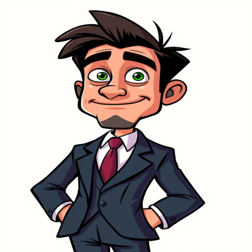 cartoon style character of a man in a suit with exaggerated features, standing confidently with a slight smile, bright colors, high contrast, camera settings: f/4, ISO 100, shutter speed 1/200, camera view: eye level, camera style: vector illustration, camera type: digital art