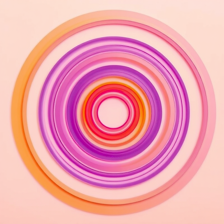 Create an abstract image of concentric circles in vibrant colors transitioning from purple to orange on a light background, shot with a DSLR camera at f/8 aperture, ISO 100, 24mm lens, top-down view, with high saturation and sharp focus.