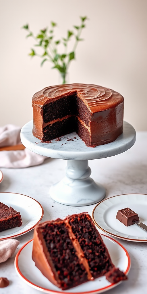A rich chocolate cake with a glossy chocolate frosting sits on a marble cake stand with a slice removed revealing its moist interior. The background features soft neutral tones and a hint of greenery in a vase, creating a warm and inviting atmosphere. Surrounding the cake are delicate plates with additional slices and a piece of chocolate, showcasing a delightful dessert setting.