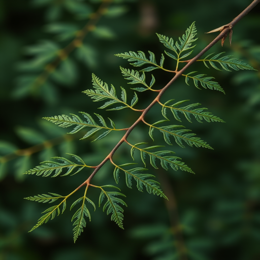 Create a high-resolution illustration of a foliage branch with delicate, intricate leaves, showcasing a clean, crisp outline, using a Canon EOS R5 at f/2.8, ISO 100, 50mm lens, natural daylight, shot from a top-down view for clarity and detail.