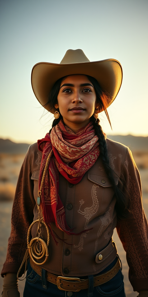 Dramatic photo of a beautiful Bangladeshi woman, classic cowboy attire, confident and free spirit expression, half-length portrait, centered, golden hour desert landscape, warm, diffused light, low angle, medium format film camera, in style of Annie Leibovitz.