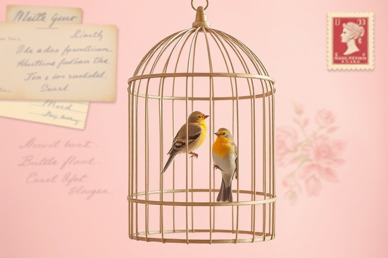 Create a high-resolution digital illustration of a vintage birdcage with two birds perched on it, set against a soft pink background with faded handwritten letters and a vintage postage stamp in the corner, captured with a Canon EOS R5 at f/4, ISO 100, 50mm lens, utilizing soft natural light for a warm, nostalgic feel.