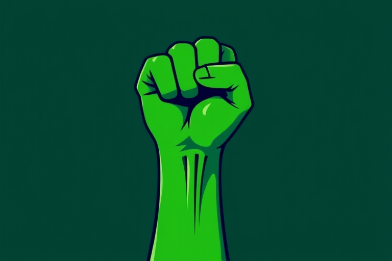 Create an illustration of a stylized green raised fist symbolizing power and resistance, using a vector art style, shot with a Canon EOS R5 at f/8, ISO 100, 50mm lens, and in a bright studio lighting setting.
