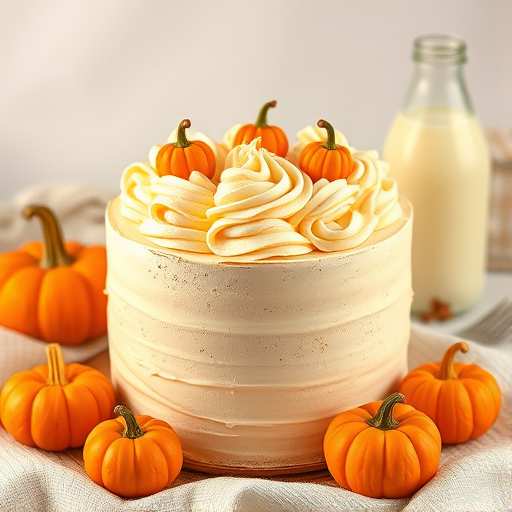 Create an image of a beautifully decorated cake with a creamy beige frosting topped with swirls of buttercream in a light color and orange pumpkin-shaped decorations. Surround the cake with several small orange pumpkins and a couple of glass bottles of milk in the background. The setting should feel cozy and autumnal, with a neutral backdrop to highlight the cake and decorations.