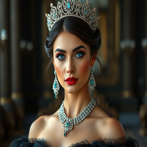 A gorgeous Azerbaijani woman in a luxurious black gown, accessorized with a dazzling tiara and statement earrings, her deep cyan eyes highlighted by impeccable makeup, poised in a royal setting, photorealistic, 8K quality