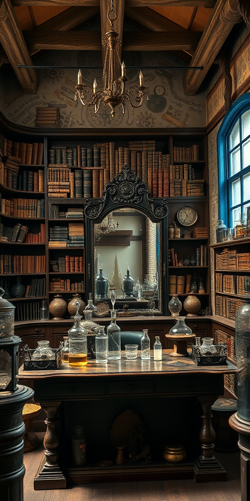 Interior of a vintage alchemist's workshop, featuring a large wooden desk, various glass containers, bookshelves filled with ancient tomes, a large ornate mirror, and a blue window, shot with a DSLR camera at f/2.8, ISO 100, shutter speed 1/60 sec, using a wide-angle lens for a detailed, immersive perspective.