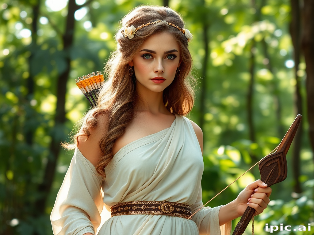 Create a portrait of a goddess-like female figure in a tranquil, forested environment. She has an elegant appearance with long, wavy hair styled in an updo and adorned with a delicate, floral headband. She wears a flowing, ancient Greek-inspired gown in a soft, pale color, featuring a one-shoulder design and draped fabric that accentuates her graceful form. The outfit includes a decorative belt with ornate gold detailing, and she holds a bow in her hand, with a quiver of arrows slung over her shoulder. The background depicts lush greenery, with sunlight filtering through the trees, casting a gentle, ethereal light on the scene. Her expression is calm and contemplative, embodying a sense of wisdom and serenity.