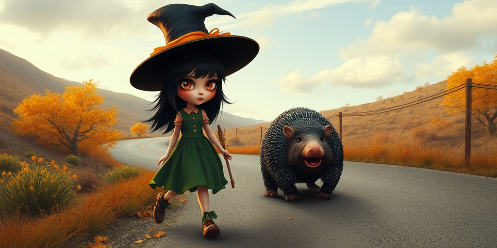 digital art fantasy depicting a strange girl with black hair, long eyelashes, orange lipstick and a tall hat walking along a winding road on an autumn afternoon, an armadillo smiles as he passes