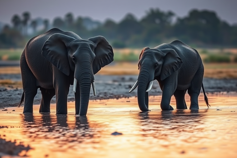 Capture a serene scene of two elephants drinking water at a tranquil riverbank during golden hour, utilizing a DSLR camera with a 50mm lens, f/2.8 aperture, 1/250s shutter speed, ISO 400, and a shallow depth of field for a soft background blur.