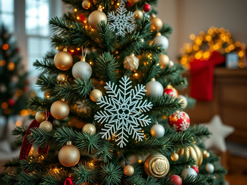 Create a high-resolution image of a stylized Christmas tree with intricate designs, shot with a DSLR camera at f/2.8 aperture, ISO 100, 50mm lens, in a well-lit indoor setting, utilizing a soft focus effect to enhance the details.