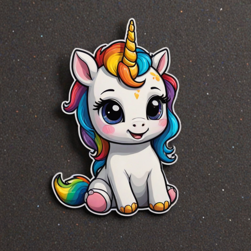 sticker design, black background, rainbow baby unicorn, cartoon figure, expressive big pupils, innocent expression, vibrant colors, very cute, long eyelashes, sitting on the ground, baby small body, baby head