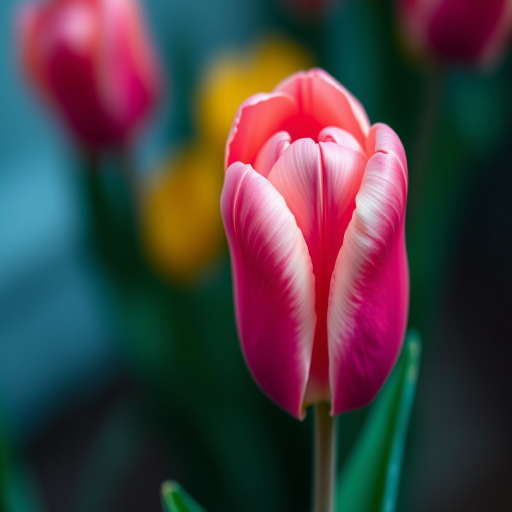 Create a high-resolution image of a pink tulip with vibrant colors against a soft blurred background, using a DSLR camera at f/2.8 aperture, 50mm lens, and a shallow depth of field to enhance detail and focus on the flower.