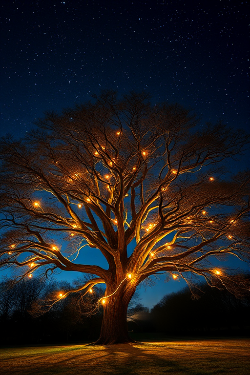 Create a high-resolution image of a majestic tree with glowing lights emanating from its branches, set against a mystical dark sky filled with stars, captured with a DSLR camera, 50mm lens, f/1.8 aperture, ISO 100, with a twilight view to enhance the magical atmosphere.