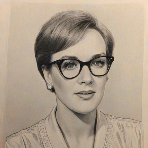 Magnificent Julie Andrews, pencil sketch, portrait of Ravishing woman 1958s in glasses, hair style beatnik, outline, clear lines, fine lines, 8k