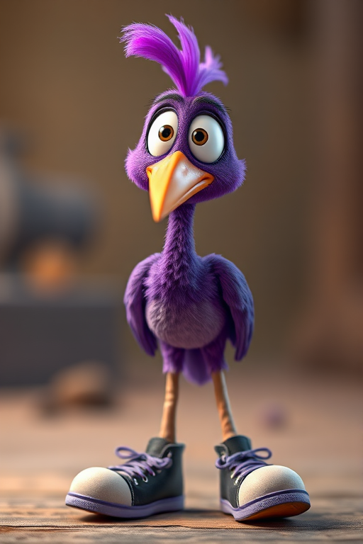 Create an animated character of a surprised purple bird with a long neck and oversized shoes, using a DSLR camera with a 50mm lens, aperture f/2.8, ISO 100, and a soft-focus background for a vibrant and detailed appearance.
