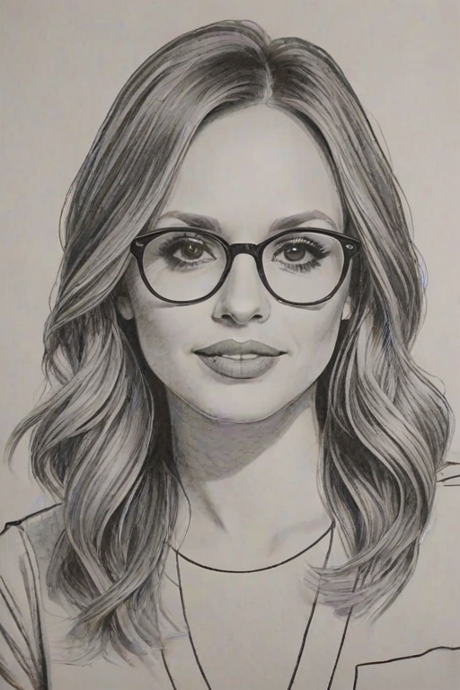 Gorgeous Carly Pearce, pencil sketch, portrait of Fetching woman 1939s in glasses, hair style beatnik, outline, clear lines, fine lines, 8k