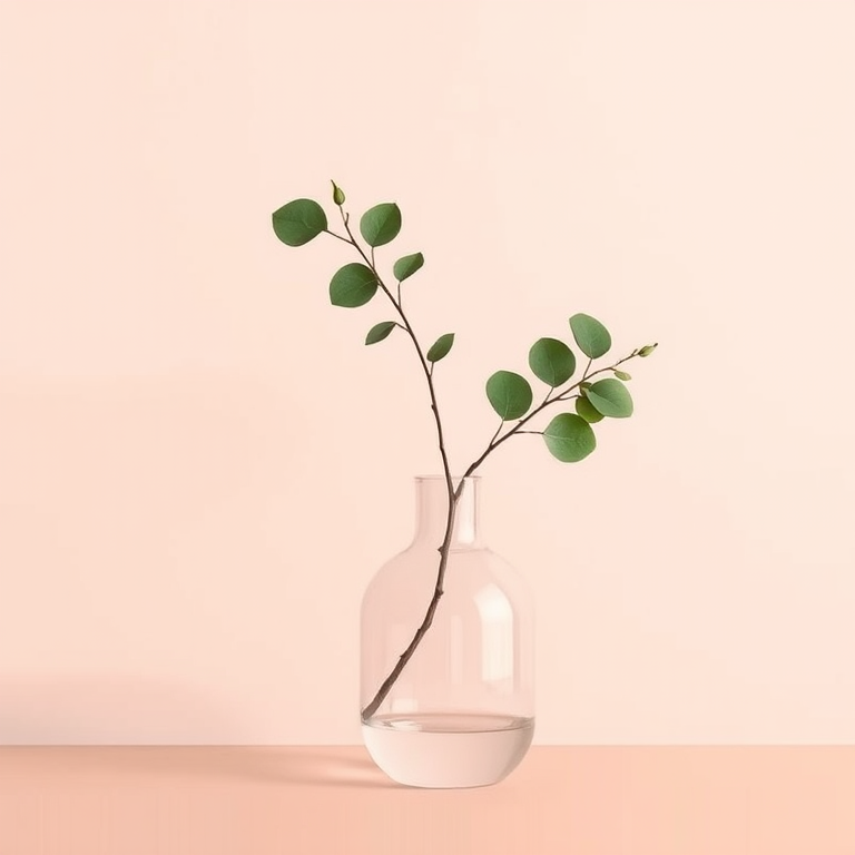 Create a minimalist illustration of a vase with a single branch featuring round leaves against a soft pastel background, shot with a DSLR camera, aperture f/2.8, ISO 100, 50mm lens, in natural light.