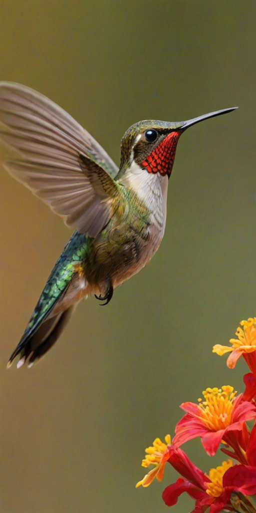 Sharp, detailed close-up of a hummingbird in mid-flight, its wings blurred from rapid movement, with vibrant red and yellow flowers providing a colorful backdrop in soft sunlight.