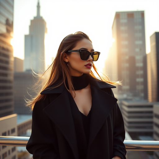 Cityscape backdrop, fashionable attractive model , wearing black shades, oversized coat, minimalist accessories, urban chic vibe, Shoot against a strong backlight using a 50mm f/1.2 lens to create a soft, silhouetted profile, highlighting the flow and transparency of the fabric
