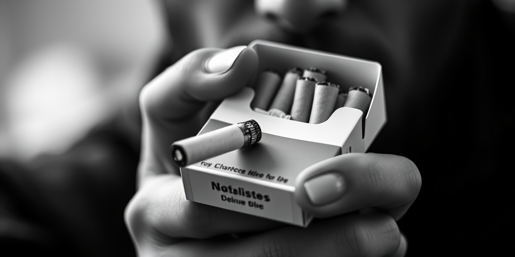 create a black and white image of a person holding a pack of cigarettes with one cigarette partially pulled out, close-up view, shallow depth of field, f/2.8 aperture, 50mm lens, ISO 100, natural lighting, soft focus background