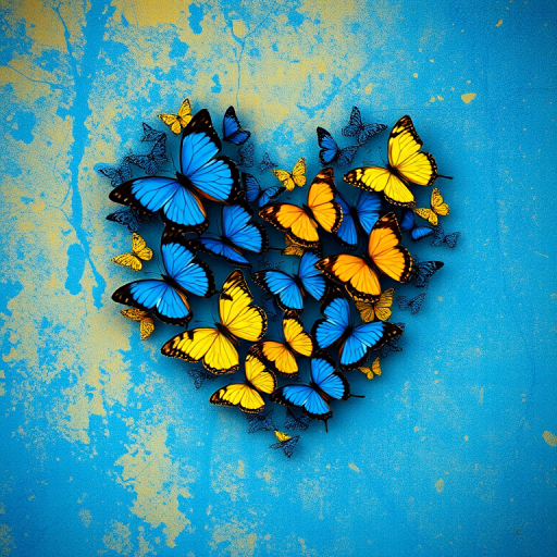 A heart shape filled with blue and yellow butterflies against a textured blue and yellow background, shot with a Canon EOS R5, 50mm lens, f/1.8, ISO 200, in natural light, shallow depth of field for enhanced detail.