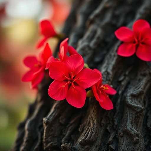 Capture a close-up of vibrant red flowers on a textured dark tree bark, shallow depth of field, natural light, ISO 100, aperture f/2.8, 50mm lens, DSLR camera, focus on flowers with a soft bokeh background.