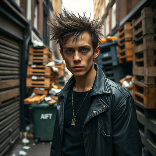 generate an ultra-realistic, highly detailed photograph of a punk. he's standing still, looking menacingly at the camera. he's in a narrow, dirty London street. there are wooden crates stacked up. overflowing rubbish bins, rubbish on the ground.