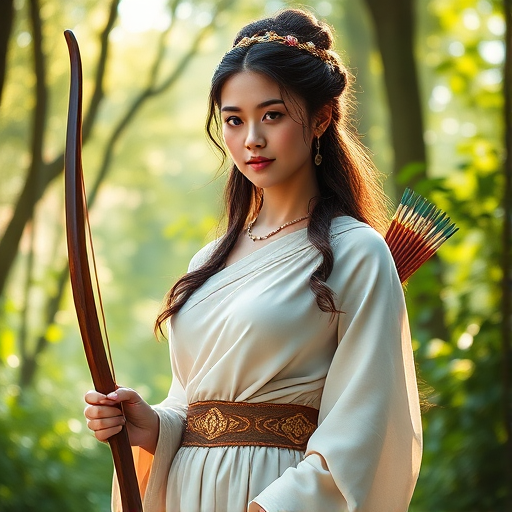 Create a portrait of a goddess-like Tibetan girl figure in a tranquil, forested environment. She has an elegant appearance with long, wavy hair styled in an updo and adorned with a delicate, floral headband. She wears a flowing, ancient Greek-inspired gown in a soft, pale color, featuring a one-shoulder design and draped fabric that accentuates her graceful form. The outfit includes a decorative belt with ornate gold detailing, and she holds a bow in her hand, with a quiver of arrows slung over her shoulder. The background depicts lush greenery, with sunlight filtering through the trees, casting a gentle, ethereal light on the scene. Her expression is calm and contemplative, embodying a sense of wisdom and serenity.