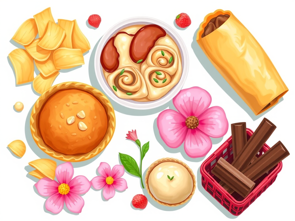 Create a colorful illustration of various snacks including potato chips, cream cheese with herbs, a ham and cheese wrap, a pie, dumplings in a red basket, a pink flower, and chocolate sticks, rendered in a bright and playful style with high detail, using a digital painting technique at 300 DPI, top-down view, soft lighting, and vibrant colors for enhanced visual appeal.