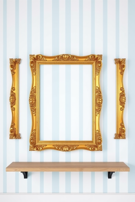 Create an image of three empty, ornate gold picture frames hanging on a light blue striped wall with a simple wooden shelf underneath, shot with a DSLR camera at f/8 aperture, 24mm focal length, and ISO 100 for clarity and detail.