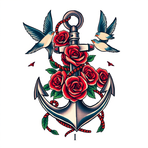 Neo-traditional tattoo named "Nautical Nostalgia" featuring a vibrant anchor entwined with roses, swallows, and nautical ropes, using bold outlines and a rich color palette of navy, crimson, and forest green
