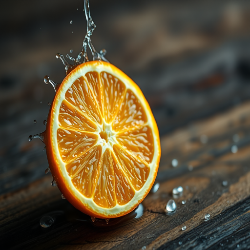 Close-up shot of a freshly cut orange half on a rustic wooden surface with water droplets splashing around, using a macro lens, f/2.8 aperture, 1/200 sec shutter speed, ISO 100, natural lighting for enhanced vibrancy and detail.