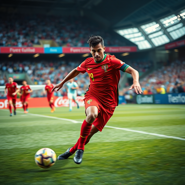 Capture a dynamic soccer player in action during a match, wearing a vibrant Portugal kit, with intense focus and motion blur, using a Canon EOS R5, 85mm f/1.4 lens, ISO 800, aperture f/2.8, shutter speed 1/1000s, low angle view to emphasize speed and excitement, shot in natural light for vivid colors and sharp details.