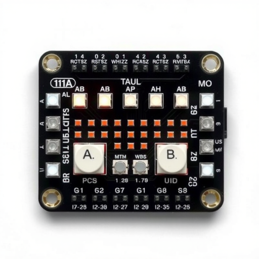Create a high-resolution image of a black microcontroller board with a grid of LED lights in the center, two buttons labeled A and B, and labeled connections at the bottom, using a professional DSLR camera with a 50mm lens, aperture set to f/2.8, ISO 100, and a well-lit softbox setup for even lighting.