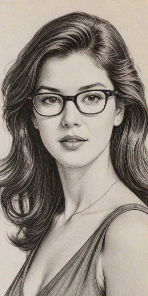 Dazzling Phoebe Cates, pencil sketch, portrait of Graceful woman 1944s in glasses, hair style beatnik, outline, clear lines, fine lines, 8k