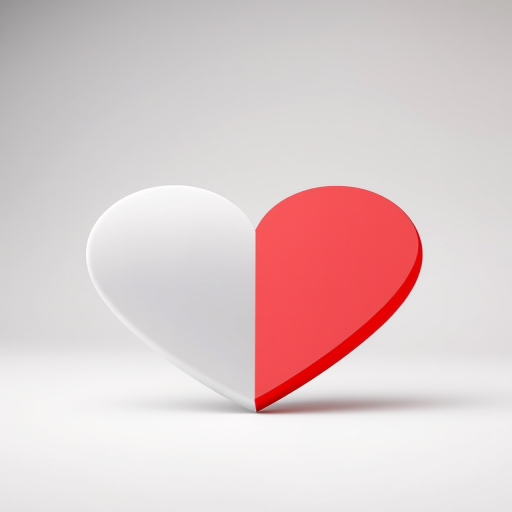 Create a high-resolution image of a heart shape split horizontally, the top half white and the bottom half red, using a Canon EOS R5 camera, 50mm lens, f/2.8 aperture, 1/125 shutter speed, in a studio setting with soft lighting to enhance details and colors.