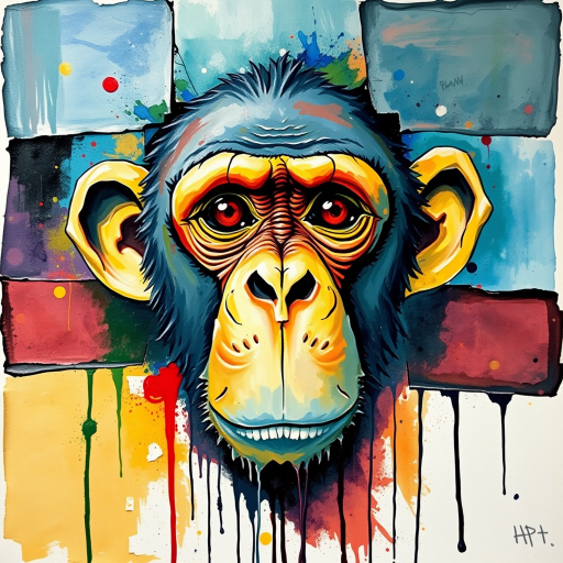 abstract watercolor painting with bold and deep brushstrokes. Thick impasto paint used. Dripping effect. Image breaking up into rectanguls shapes. Paint cracking. just a  smal;l pair of monkey's eyes starting to appear in the middle. The eyes are crying.  Coloured paint splattered around the edges. Geometric lines in background. swirly effect. peeling paint effect. raised rectangles. Dinghy Cream Look edge added in Topaz.