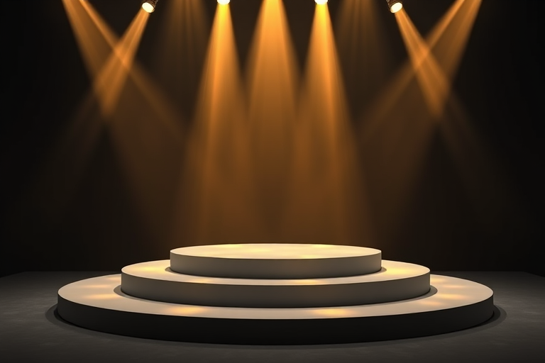 Generate a high-resolution 3D render of a circular podium illuminated by soft golden light beams against a dark background, using a DSLR camera with a 50mm lens at f/1.8, ISO 100, shutter speed 1/60s, in a studio setting with dramatic lighting to enhance depth and contrast.
