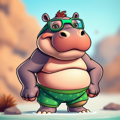 Create a colorful cartoon image of a muscular hippo wearing snorkeling gear and green polka-dotted shorts, with a cheerful expression, shot with a DSLR camera at f/2.8, ISO 100, 50mm lens, using a vibrant, high-contrast style and a shallow depth of field for enhanced detail.