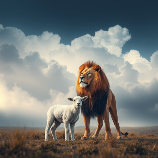 A majestic lion and a gentle lamb standing in a surreal, ethereal landscape filled with dramatic clouds and soft light; shot with a Canon EOS R5, 50mm f/1.2 lens, ISO 100, aperture f/4, focusing on depth and texture to enhance image quality.