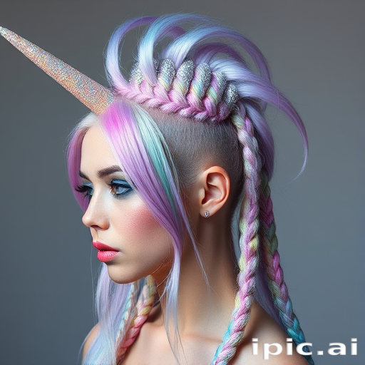 Avant-garde portrait showcases Holographic Unicorn hair, iridescent pastel hues shifting colors in the light, styled in an elaborate braided mohawk with glitter accents