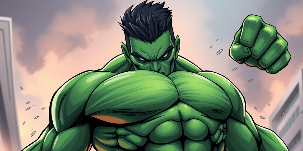 Create an illustration of a muscular green superhero in a dynamic pose with a fierce expression, using a high-resolution digital art style, captured from a low angle to emphasize strength, with a soft focus background for depth, using a digital tablet and Adobe Illustrator settings for vibrant colors and sharp lines.