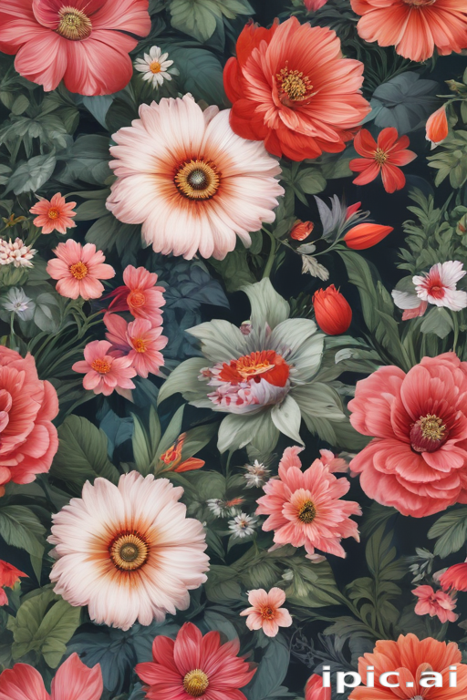 A Vibrant Floral Pattern Featuring Various Colorful Flowers on a Dark ...