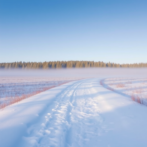 a serene winter landscape featuring a snow-covered path leading through a misty field with a dense forest of evergreen trees in the background under a clear blue sky