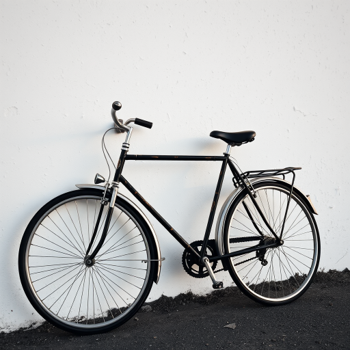 Capture a monochrome image of a vintage bicycle leaning against a textured white wall, using a DSLR camera with a 50mm lens at f/2.8, shutter speed 1/250s, ISO 100, in natural light during the golden hour, emphasizing sharp details and soft shadows.