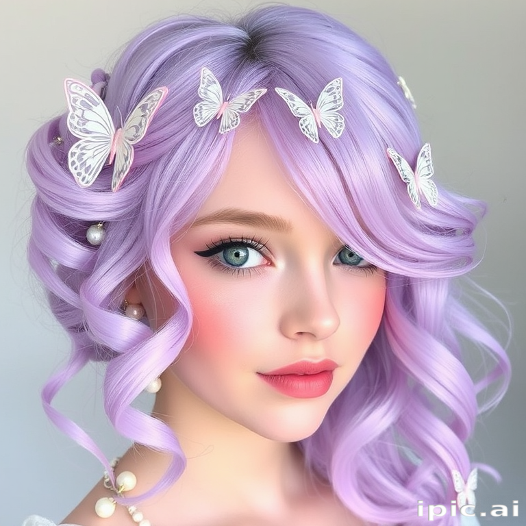 Pastel lavender waves arranged in the "Whimsical Whisper" style flow gently around her face, adorned with delicate butterfly clips and shimmering pearl accents throughout